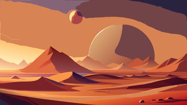 Stunning vista of otherworldly desert landscape with majestic planet and mountain peaks, ideal for sci-fi book covers or futuristic tech backgrounds