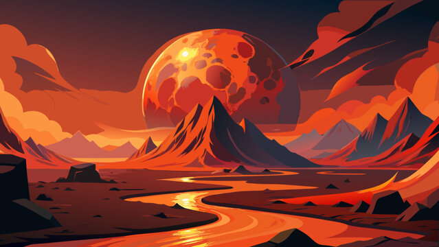 Otherworldly landscape with fiery planet over jagged mountains and glowing river, evoking adventure and exploration, ideal for science fiction projects