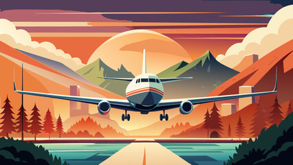 Dramatic airplane landing at sunset with mountains in the background, travel and adventure concept, vacation destination, modern vector illustration