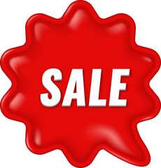 Red glossy sale badge isolated on white. 3D  relistic puffy discount sticker for retail promotion. Shopping offer label icon