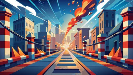 Dynamic city scene with stylized buildings and vibrant explosion effect, creating a sense of energy and excitement, perfect for modern urban concepts