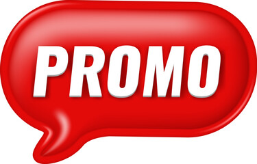 Red glossy speech bubble with white Promo text. 3D discount and sale label isolated on white. Marketing and advertising sign