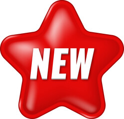 Red star badge  sticker with text New. Glossy rea;istic  illustration for promotion and marketing. Isolated sale tag