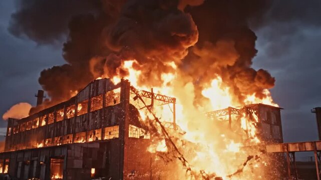 A dramatic industrial building burns ferociously, engulfed in a massive inferno with bright orange flames consuming the structure. Thick, dark smoke billows into the ominous sky, creating a powerful a