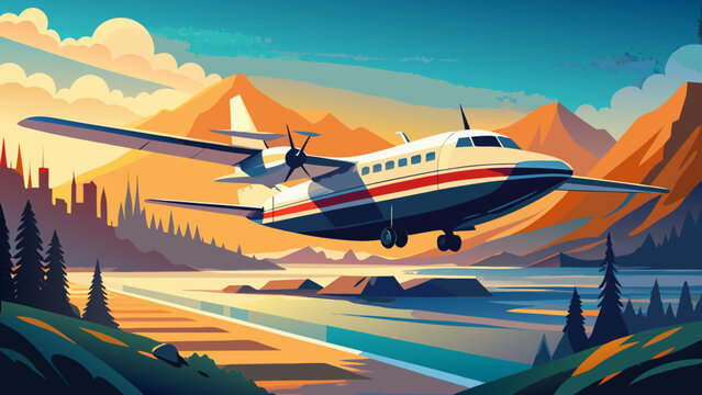 Scenic Airplane Flight Over Mountain Landscape, Perfect for Travel Adventure, Aviation, or Tourism Promotion, Drawn in a Vector Style with Vivid Colors