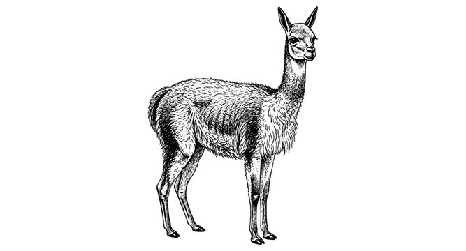 Detailed engraving of a vicuna in black and white style
