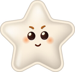 Cute 3D star character with a smiling face and determined expression. Adorable kawaii emoji mascot