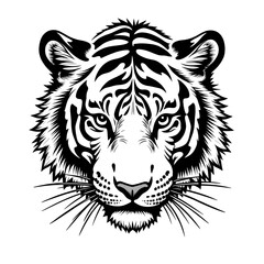 Tiger Face Icon: A striking black and white vector illustration of a tiger's head, conveying strength and grace with its detailed stripes and focused gaze.