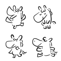 色々な表情とポーズの馬の手描きモノクロセット　墨絵・万歳・お辞儀・考える・走る