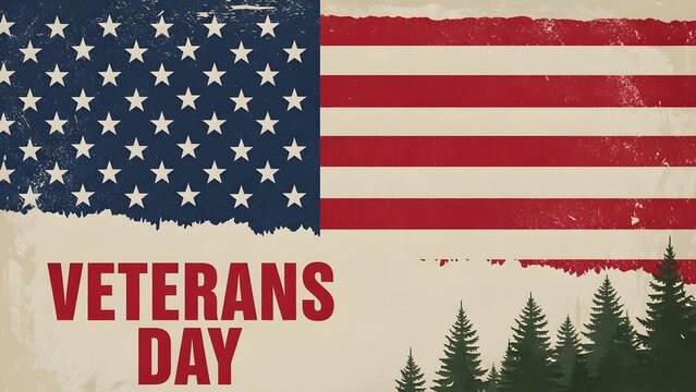 Honoring veterans with patriotic American flag and forest backdrop