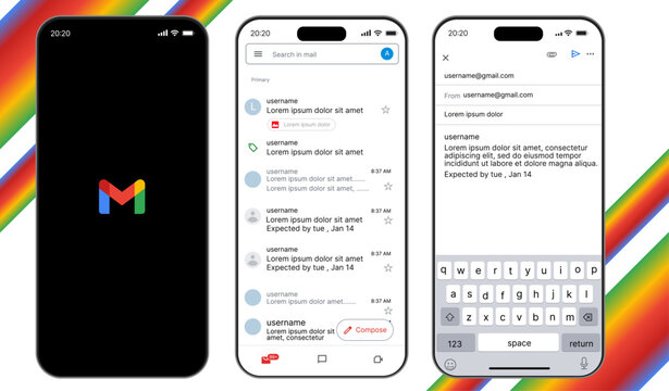 Gmail UI mockup template. Gmail email inbox and message interface design. Gmail user dashboard, compose window, and conversation thread layout. Gmail website and mobile app for online communication. 