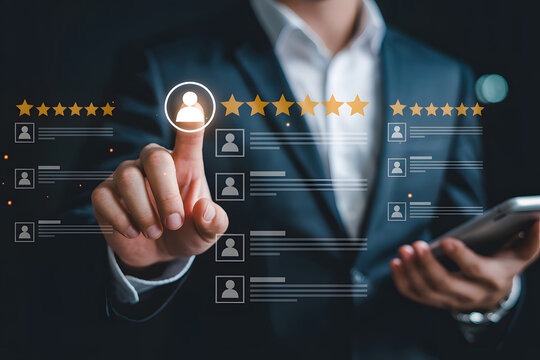 Businessman selecting a candidate profile on a virtual interface with star ratings