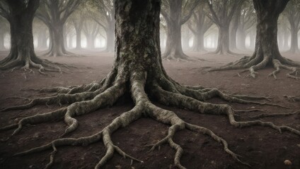 Mysterious Forest with Exposed Tree Roots in Fog.