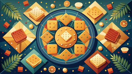 Celebrate with delicious square pastries, citrus, and tropical greenery, perfect for festive desserts, gourmet delights, and vibrant food presentations