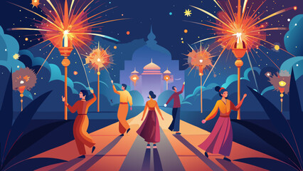 Joyful celebration with lanterns and fireworks bringing people together for a festive holiday evening of cultural significance and community bonding experience