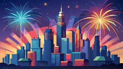 Vibrant city skyline celebrating with colorful fireworks display, evoking festive urban energy, perfect for event promotions or holiday celebrations