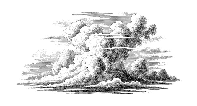 Naklejki Vintage style cloud formation in detailed black and white engraving