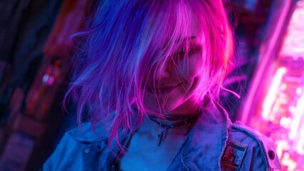 Young woman with vivid pink hair stands in neon city lights showing bold urban style subculture energy and expressive fashion oriented night aesthetics
