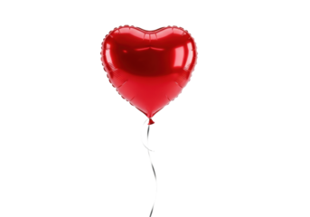 Single, perfect, deep scarlet red mylar heart balloon with specular highlights and a silver string, floating against a transparent high-key studio background with copy space. Concept of pure love and