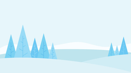 Minimalist winter landscape illustration featuring stylized blue pine trees arranged on rolling snowy hills suitable for winter themed promos, greeting cards, and Christmas events.