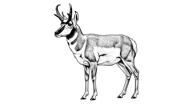 Detailed pronghorn antelope in vintage engraving style on white background