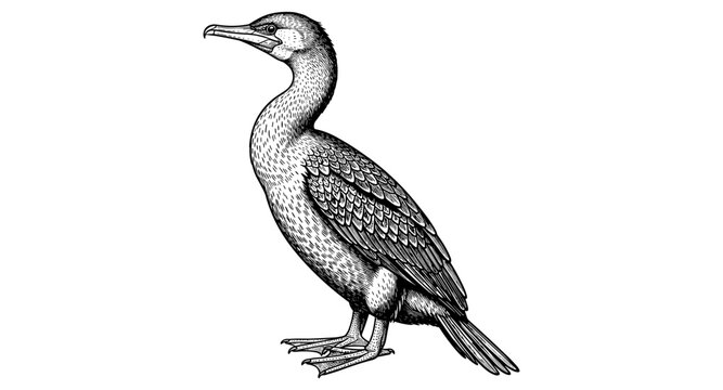 Detailed black and white cormorant drawing with intricate feather patterns