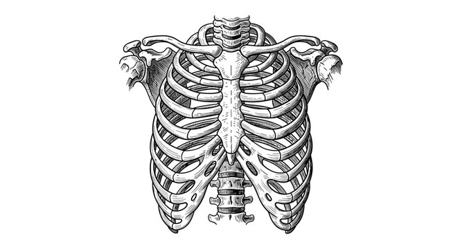 Intricate hand drawn ribcage anatomy art with detailed bone structure