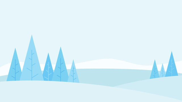 Minimalist winter landscape illustration featuring stylized blue pine trees arranged on rolling snowy hills suitable for winter themed promos, greeting cards, and Christmas events.