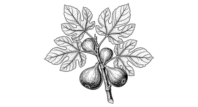 Detailed botanical drawing of figs on branch with leaves