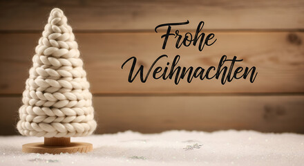 Frohe Weihnachten Cozy Knitted Christmas Tree Decoration on Snowy Background