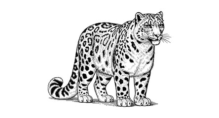 Fototapeta premium Detailed black and white snow leopard drawing with intricate fur patterns