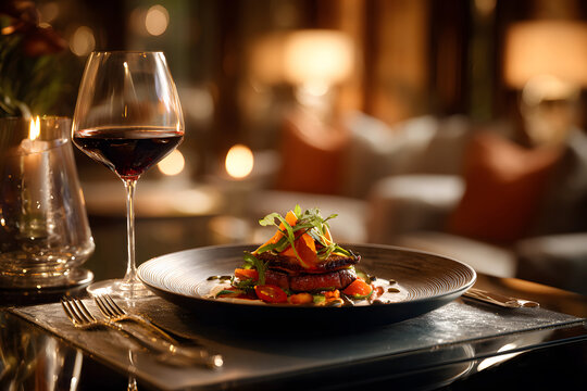 Fine dining experience featuring steak and wine in a cozy restaurant ambiance