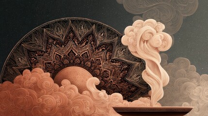 Minimalist boho flat illustration of monks lighting lanterns at dusk, soft earthy colors, simple contours, spiritual serenity, Mahayana New Year celebration