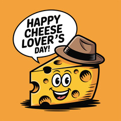 Cheerful cheese character wearing a hat with happy cheese lovers day text food cartoon