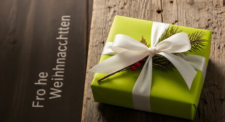 Frohe Weihnachten Gift Box on Wood Background Christmas Theme