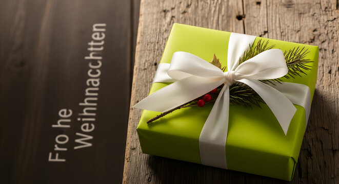 Frohe Weihnachten Gift Box on Wood Background Christmas Theme