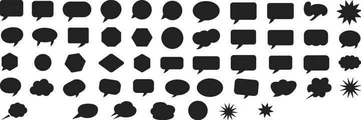 Black speech bubbles and shapes collection, various chat icons, message symbols, dialogue clouds, communication vectors, conversation bubbles, design elements, social media, text bubbles