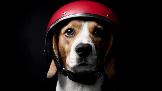 Dog in a red helmet emerges from darkness under focused light creating a heroic playful pet portrait ideal for road safety themes or creative mascots