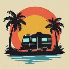 Retro camper illustration with palm trees and sunset background design