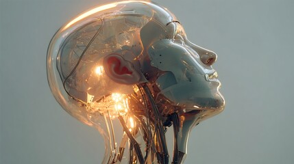 Ai android head transparent skull neural networks and glowing circuits visible inside