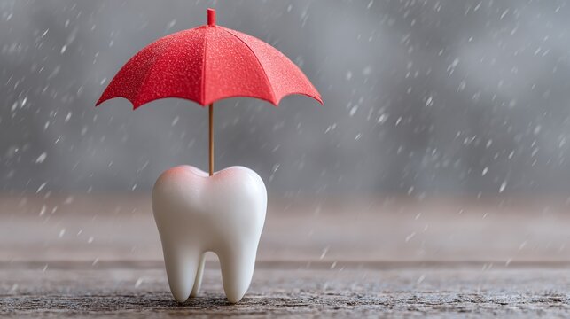 Tooth under an umbrella in rain representing dental care. Protecting teeth from decay. Dental hygiene is essential. A healthy tooth under protection.