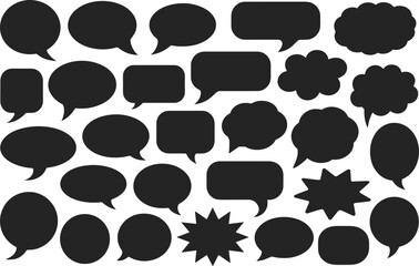 Black speech bubbles collection, various shapes and sizes, communication icons, dialogue symbols, chat bubbles, message clouds, vector design elements, conversation shapes