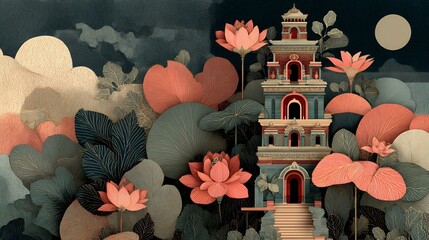 Simple boho flat illustration of a peaceful temple scene for Mahayana New Year, muted warm palette, lotus blooms, gentle flowing lines, abstract clouds, harmonious and spiritual vibe