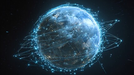 Ai holographic globe showing network of robotic satellite orbiting Earth