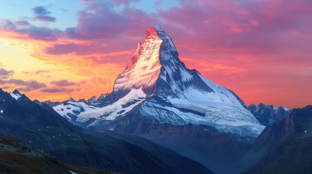 A majestic mountain peak covered in snow against a colorful sunset sky in the distance range view