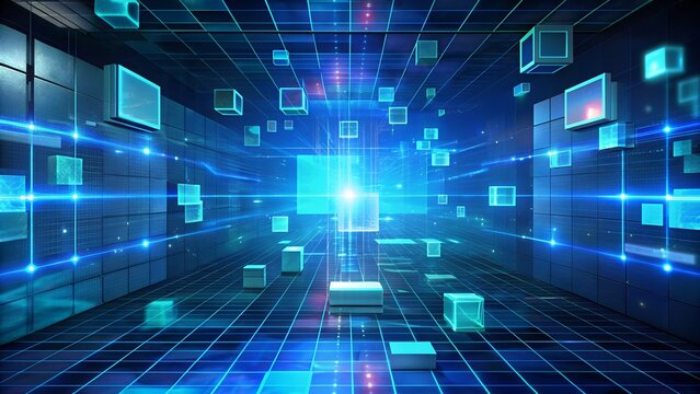 Digital Data Stream in Futuristic Cyberspace Corridor With Blue Light and Grid Network