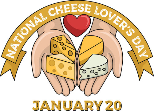 Hands holding cheese slices with National Cheese Lovers Day text wedges