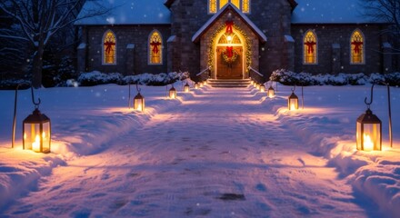 Snow-covered path lit by lanterns leading to a church decorated for Christmas, symbolizing warmth and holiday spirit for event invitation.