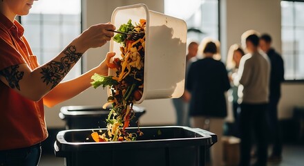 Person discarding food scraps into bin food waste composting