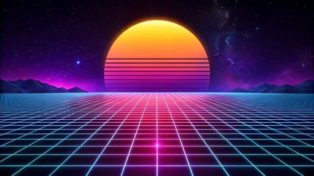 Retro Synthwave Sunset Landscape With Neon Grid and Wireframe Mountains in 80s Aesthetic